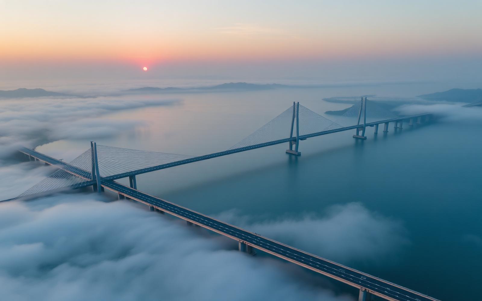 Cable-stayed sea bridge across the Pearl River Delta at sunrise